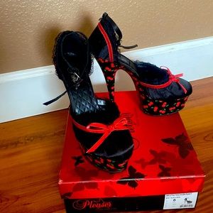 Pleaser black satin stilettos with cherries. Brand new in the box. Never worn. 8